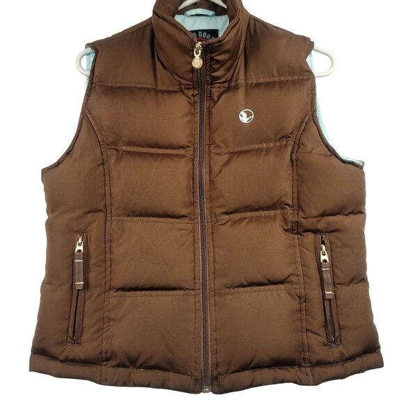 Good Goose Puffer Vest Goose Down Feather Medium Zip Pockets Brown Powder Blue - Picture 1 of 12